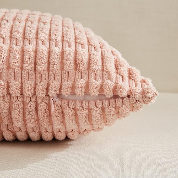 Fancy Homi 4 Packs Blush Pink Decorative Throw Pillow Covers 20x20 Inch for Living Room Couch Bed Sofa, Soft Plush Striped Corduroy Square Light Pink Coral Peach Cream Colorful Cushion Case 50x50 cm