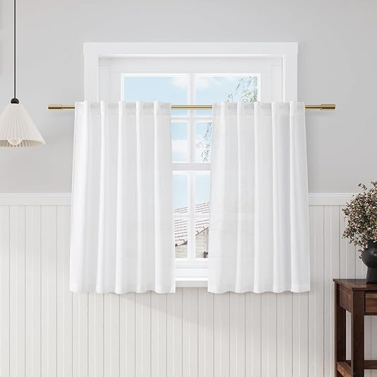 Nanspring Farmhouse Rustic White Linen Curtains 45 Inch Length Semi-Sheer Back Tab Curtains 2 Panel Set Privacy Curtain Tiers for Basement Small Bathroom Window 40x45 Inches
