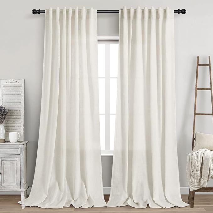 2 Panels Set Cream Linen Curtains 105 inches Long for Living Room Extra Long Back Tab Curtains Neutral Farmhouse Light Filtering Semi Sheer Linen Drapes Ceiling to Floor for Large Window Ivory