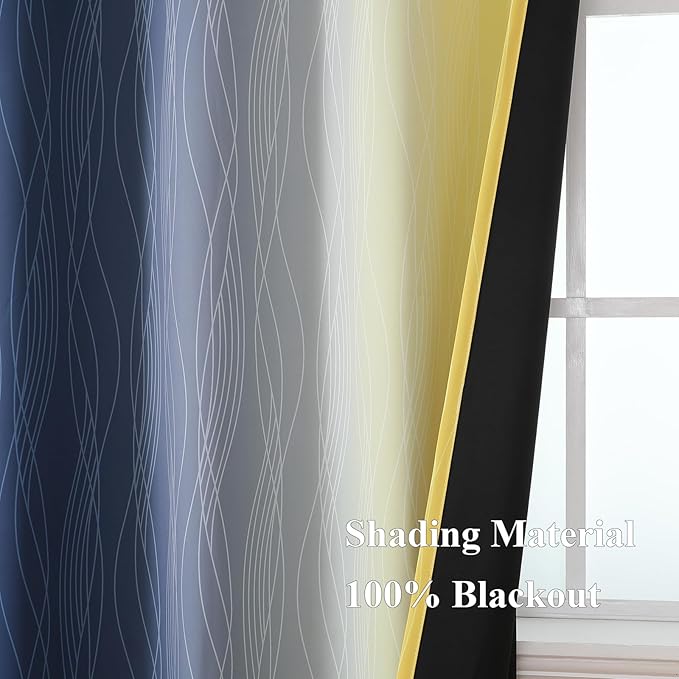Estelar Textiler Yellow and Navy Blue Blackout Curtains for Boys Bedroom, Full Light Blocking Grommet Ombre Curtains for Living Room, Thermal Insulated Room Darkening Gradient Drapes, 42Wx63L,2 Panels