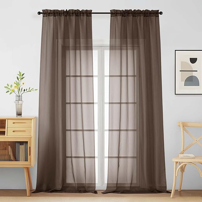 Chocolate Sheer Curtains for Window 96 Inches Long 2 Panels Set, Soft Airy Light Filtering Voile Sheer Curtains for Living Room Bedroom, Dual Rod Pocket Elegant Window Drapes, 2x42Wx96L Inches