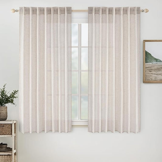 MIULEE White Linen Curtains 63 Inch Length 2 Panels for Bedroom Living Room, Soft Thick Linen Textured Natural Window Drapes Semi Sheer Light Filtering Back Tab Rod Pocket Burlap Look Decor