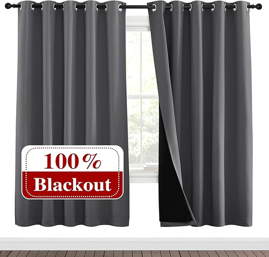 NICETOWN Grey Full Shade Curtain Panels, Pair of Energy Smart & Noise Blocking Out Blackout Drapes for Dining Room Window, Thermal Insulated Guest Room Lined Window Dressing(Gray, 70 x 72 inch)