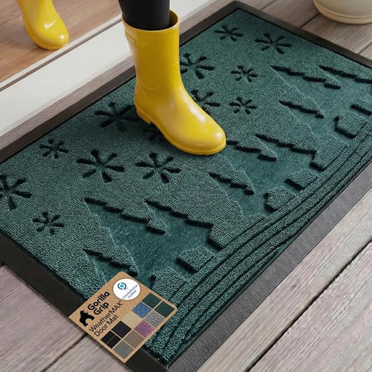 GORILLA GRIP 100% Waterproof All-Season WeatherMAX Doormat 35x23, US Designed Natural Rubber, Stain and Fade Resistant, Low Profile Indoor Outdoor Door Mats, Easy Clean Patio Mat, Green Snowscape