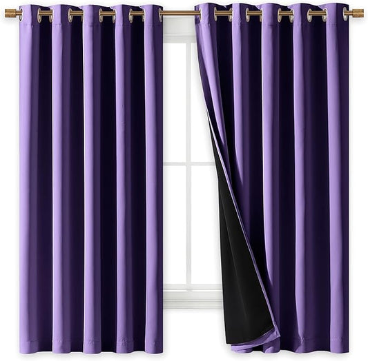 NICETOWN 100% Blackout Curtains with Black Liners, Thermal Insulated Full Blackout 2-Layer Lined Drapes, Energy Efficiency Window Draperies for Bedroom (Lilac Purple, 2 Panels, 70-inch W by 63-inch L)