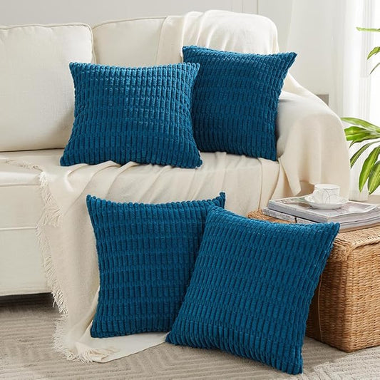 Fancy Homi 4 Packs Teal Decorative Throw Pillow Covers 16x16 Inch for Living Room Couch Bed Sofa, Rustic Farmhouse Fall Home Decor, Soft Striped Corduroy Square Cushion Case 40x40 cm