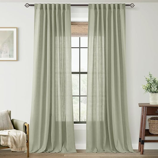 Linen Blend Sage Green Curtains 102 inch Length 2 Panels for Bedroom Back Tab Light Filtering Semi Sheer Drapes Linen Cotton Textured Light Green Airy Modern Farmhouse Living Room Sage Aesthetic Decor