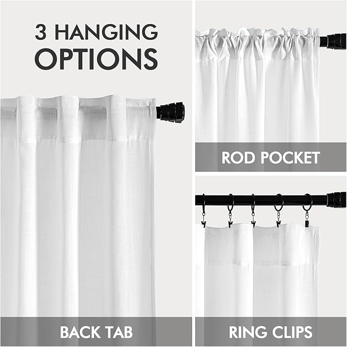 MIULEE White Linen Curtains Short 48 Inch Long 2 Panels for Kitchen Bedroom, Soft Thick Linen Textured Window Drapes Semi Sheer Light Filtering Back Tab Rod Pocket Burlap Look Decor