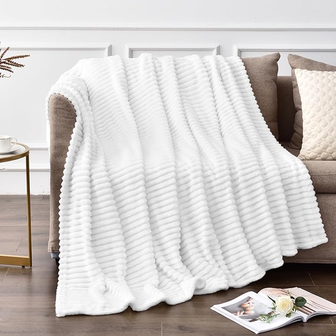 BEDELITE Fleece Throw Blanket for Couch – 3D Ribbed Jacquard Soft and Warm Decorative Fuzzy Blanket – Cozy, Fluffy, Plush Lightweight White Throw Blankets for Bed, Sofa, 50x60 inches