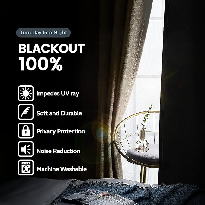 SimpleHome 100% Blackout Curtains for Bedroom,Thermal Insulated Beige Grommet Window Drapes Room Darkening Curtains for Living Room with Black Back,52 x 72 Inch,2 Panels