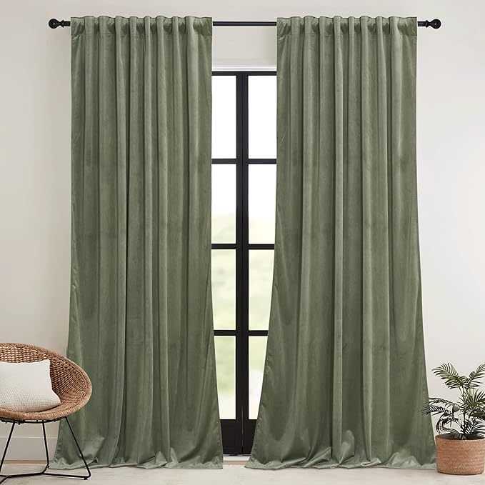 RYB HOME Sage Green Velvet Curtains 80 inches with Hook Belt, Soft Fabric Room Darkening Thermal Insulated Luxurious Home Decor Curtains for Living Room Bedroom, W 52" x L 80", 2 Panels Set