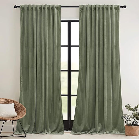 RYB HOME Sage Green Velvet Curtains with Hook Tape, Thermal Insulated Privacy Protect Decorative Room Divider Drapes for Home Theater, W 62 x L 90 inches, 2 Panels Set