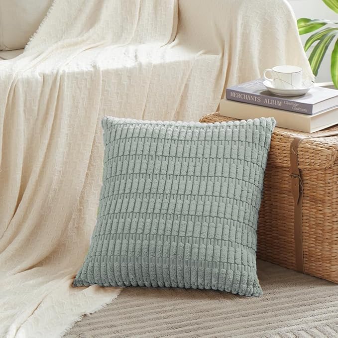 Fancy Homi 4 Packs Grey Blue Euro Decorative Throw Pillow Covers 26x26 Inch for Living Room Couch Bed Sofa, Rustic Famhouse Boho Home Decor, Soft Striped Corduroy Square Cushion Case 66x66 cm