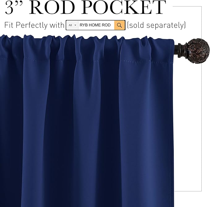RYB HOME Short Blackout Curtains for Small Window, Sunmmer Heat Light Blocking Privacy Protection Curtains for Sunroom Laundry Room Stair Window, Width 52 by Length 36, Marine Blue, Set of 2