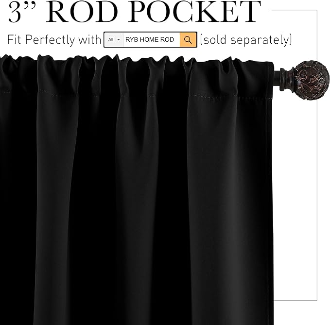RYB HOME Blackout Curtains for Bedroom Living Room 63 inches Long, Thermal Insulated Privacy Rod Pocket Drapes for Nursery Office Home Theater, Width 42 by Length 63, Black, 2 Panels