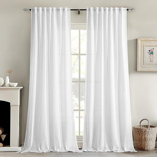 MIULEE White Linen Curtains 120 Inches Long 2 Panels for Bedroom Living Room, Soft Thick Linen Textured Back Tab Window Drapes Semi Sheer Light Filtering Rod Pocket Modern Farmhouse Decor