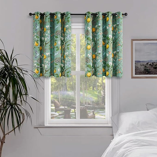 Topfinel Sage Green Small Kitchen Curtains 36 Inch Watercolor Botanical Floral Hummingbird Grommet Thermal Insulating Tier Curtains, for Camper Window Cafe Basement Bathroom Dinning Room,2 Pieces