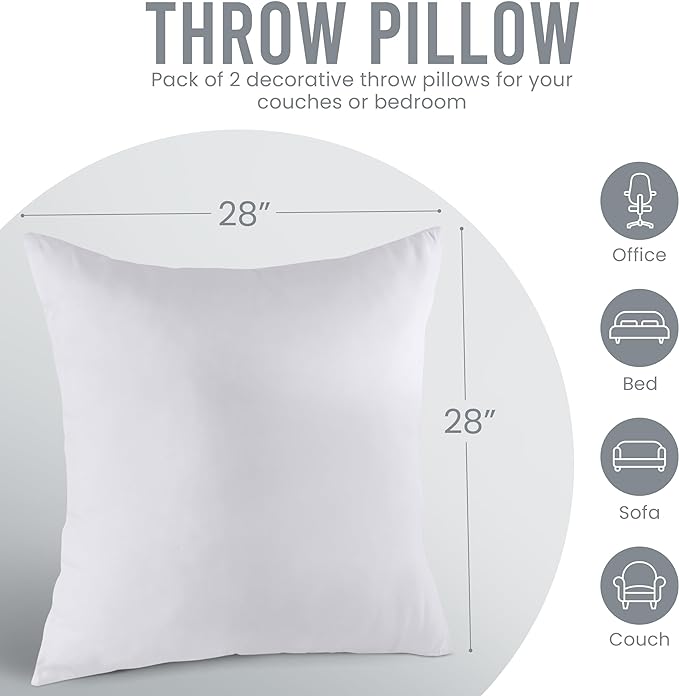 Utopia Bedding 28x28 Pillow Inserts, Set of 2, White – Indoor Decorative Throw Pillows for Bed, Sofa & Couch – Soft, Supportive & Fluffy Cushion Inserts