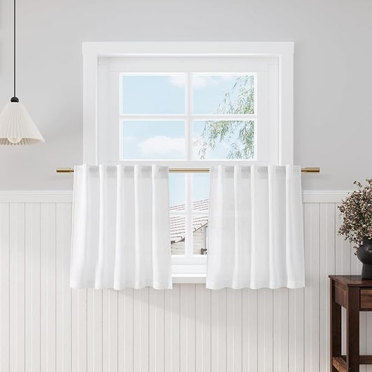 Nanspring White Linen Cafe Curtains 24 Inch Length Light Filtering Semi Sheer Mini Curtains for Small Window Basement Bathroom Camper Back Tab Rod Pocket Short Sheer Kitchen Curtain 30x24 Inches