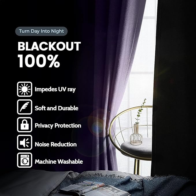 SimpleHome 100% Blackout Curtains for Bedroom,Thermal Insulated Lilac Grommet Window Drapes Room Darkening Curtains for Living Room with Black Back,42 x 72 Inch,2 Panels