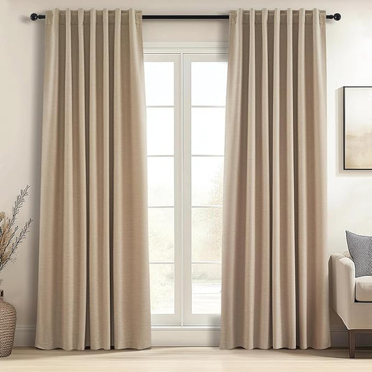Topfinel Light Taupe Blackout Textured 90 Inch Long Linen Blend Curtain Draperies Pinch Pleat Back Tab with Hooks Energy Saving Thermal Insulated Curtains for Living Room (2 Panels,W 52 x L 90 Inch)