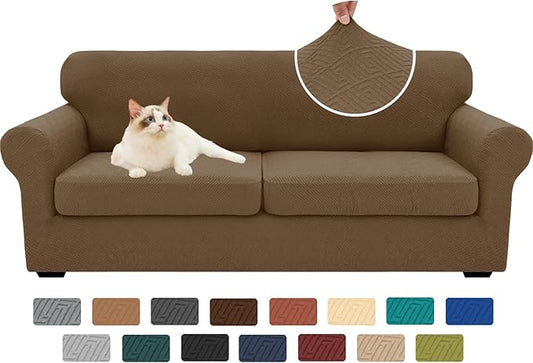 XINEAGE New 3 Pieces Couch Covers for 2 Extra Large Cushion Sofa Super Stretch Sofa Cover for 2 Large Seat Universal Loveseat Slip Cover for Living Room (Brown), 71"-91"(2 Cushions)
