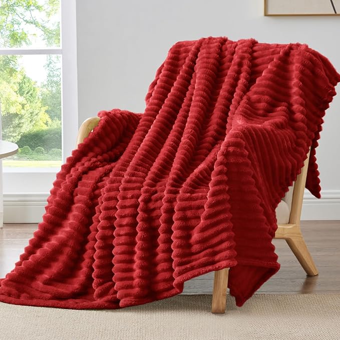 BEDELITE Twin Blanket for Couch & Bed, 300GSM Soft & Warm Fleece Blanket, Decorative and Giftable Striped Burgundy Blankets for Women, Men, 60"x80"