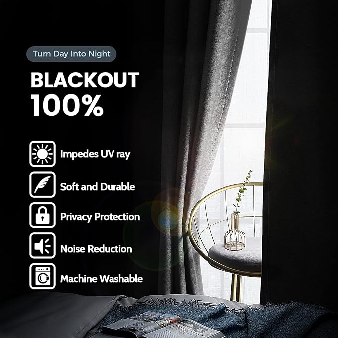 SimpleHome 100% Blackout Curtains for Bedroom,Thermal Insulated Grommet Window Drapes Room Darkening Grey Curtains for Living Room with Black Back,52 x 84 Inch,2 Panels