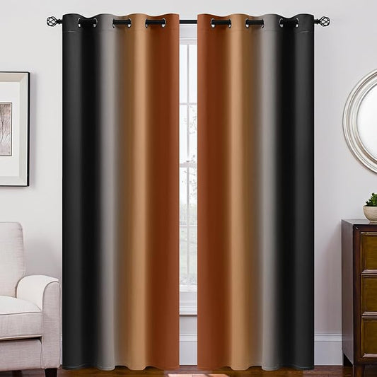 SimpleHome Ombre Room Darkening Curtains 84 inches Length for Bedroom,Grommet Gradient Light Blocking Burnt Orange and Black Gradient Window Curtains for Living Room,2 Panels, 52x84 inches