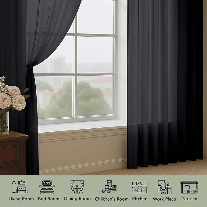 OWENIE Extra Long Black Sheer Curtains 144 inch 2 Panels Set, Translucent Backdrop Window Scarf Drapes for Canopy Bed/Wedding/Living Room/Anniversary, 12FT Length, Each 59Wx144L in, 2PCS