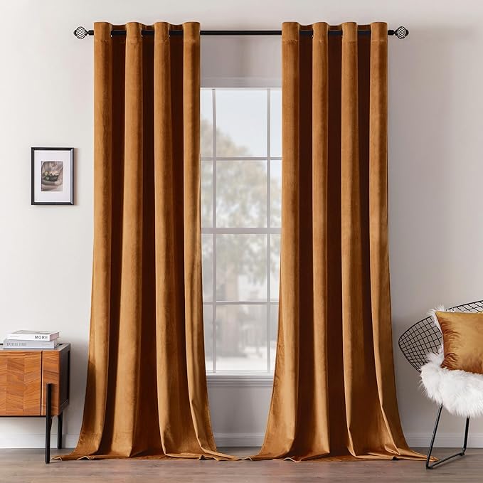 MIULEE Velvet Curtains Gold Brown Elegant Grommet Curtains Thermal Insulated Soundproof Room Darkening Black Out Drapes for Fall Living Room Bedroom Decor 52 x 108 Inch Set of 2, Pumpkin Brown