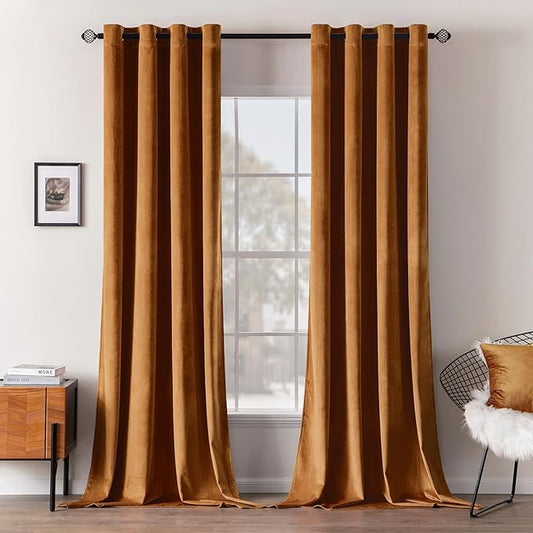 MIULEE Velvet Curtains Gold Brown Elegant Grommet Curtains Thermal Insulated Soundproof Room Darkening Black Out Drapes for Fall Living Room Bedroom Decor 52 x 108 Inch Set of 2, Pumpkin Brown