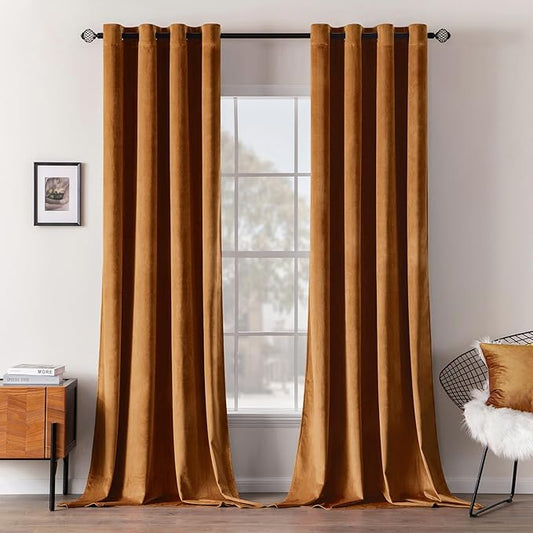 MIULEE Velvet Curtains Gold Brown Elegant Long Grommet Curtains Black Out Thermal Insulated Soundproof Room Darkening Drapes for Fall Living Room Bedroom 52 x 96 Inch Length Set of 2, Pumpkin Brown