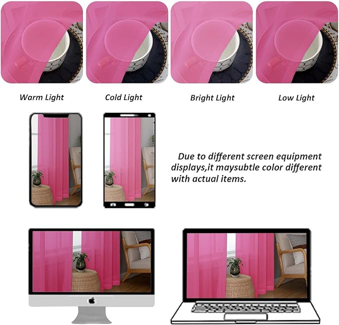 Chyhomenyc Sheer Hot Pink Tier Curtains 24 Inch Length Set, Small Window Kitchen Curtains for Bathroom Living Room Basement, Farmhouse Short Voile Curtain 42Wx24L, Rod Pocket, 2 PCS