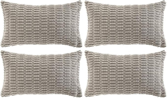 Fancy Homi 4 Packs Grey Decorative Throw Pillow Covers 12x24 Inch for Living Room Couch Bed, Rustic Modern Farmhouse Boho Home Decor, Soft Plush Corduroy Gray Cute Square Accent Cushion Case 30x60 cm