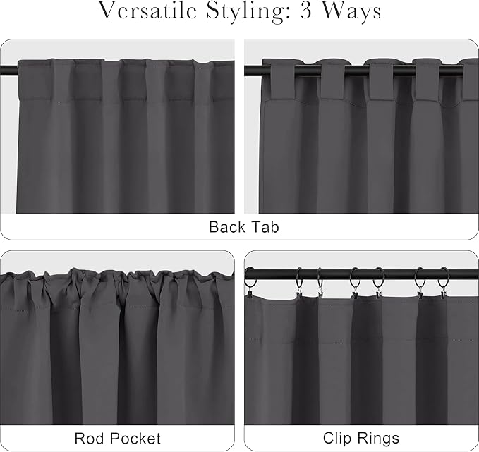 PONY DANCE Gray Short Blackout Curtains for Bedroom, Back Tab & Rod Pocket Solid Thermal Insulated Light Blocking Drapes for Kitchen/Bathroom/Basement Small Window, 42 W x 45 L, Grey, 2 Panels