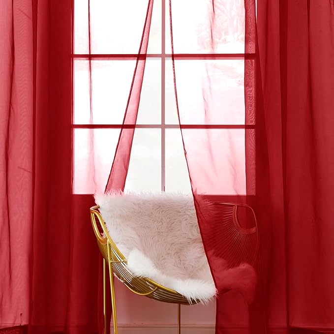 SpaceDresser Christmas Red Sheer Curtains 4 Panels Rod Pocket Semi-Sheer Curtain 45 Inches Long Light Filtering Voile Window Drapes for Bedroom Living Room Kitchen, Each 52W x 45L