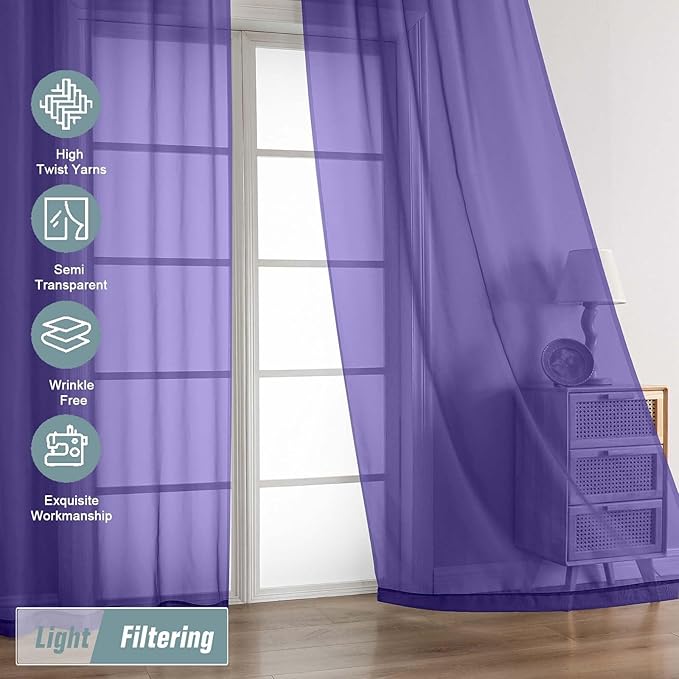 Purple Sheer Curtains 84 Inches Long 2 Panels, Elegant Airy Transparent Light Filtering Window Curtains, Window Drapes for Living Room Bedroom, Top Dual Rod Pocket Design, 2x42Wx84L Inches