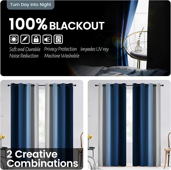 SimpleHome Blue Ombre 100% Blackout Curtains for Bedroom 84 Inches Long, Room Darkening Thermal Insulated Grommet Curtains for Living Room, 2 Panels, 52x84 inches Length