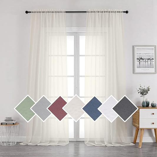 OVZME Sheer Ivory Curtains Light Filtering Window Drapes for Living Room Bedroom and Wedding Party, Voile Nice Vertical Sense Sliding Glass Door, Per Panel 42 by 96 Inch, Set of 2 Pieces