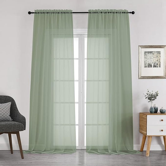 Chyhomenyc Sage Green Sheer Curtains 108 Inches Long - Light Filtering Voile Extra Long Panel Drapes for Floor to Ceiling Window, Elegant Soft Living Room Curtains, Each 42Wx108L Inch, 9FT, 2 Panels