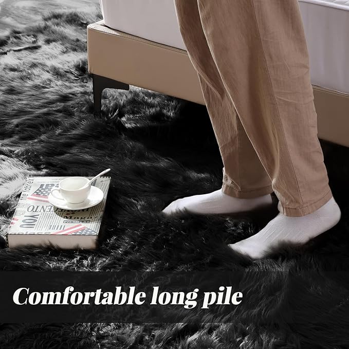 ORINOVA Washable Faux Fluffy Fur Round Area 6.6ft Rugs for Living Room Black Large Furry Rug for Bedroom Boho Circle Nursery Rug Teen Room Décor