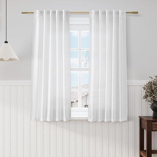 White Linen Curtains for Living Room 54 inch Length White Light Filtering Semi Sheer Curtains Panels Back Tab and Rod Pocket Modern Farmhouse Drapes Curtain for Bedroom, 2 Panels 34 x 54 Inch