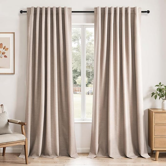 102 inch long Linen blackout curtains for tall windows 2 Panels 100% Blackout Linen texture Curtain Window Drapes Back Tab Rod Pocket Room Darkening Thermal Insulated Panel for Bedroom Living Room