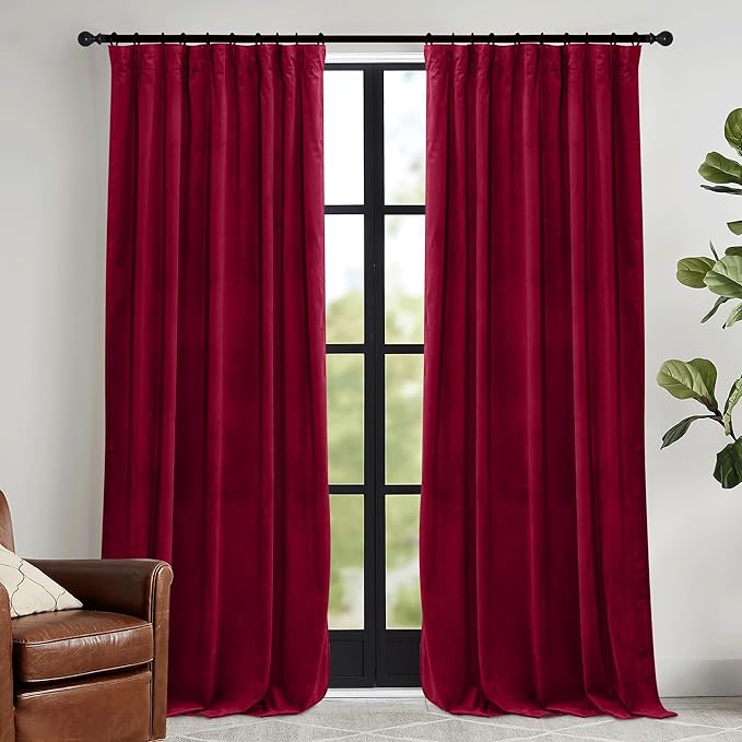 RYB HOME Chistmas Red Velvet Curtains- Super Soft Thermal Insulated Back Tab & Rod Pocket Window Curtain for Bedroom Movie Theater, Width 52 x Length 90 inch, Red, 2 Panels