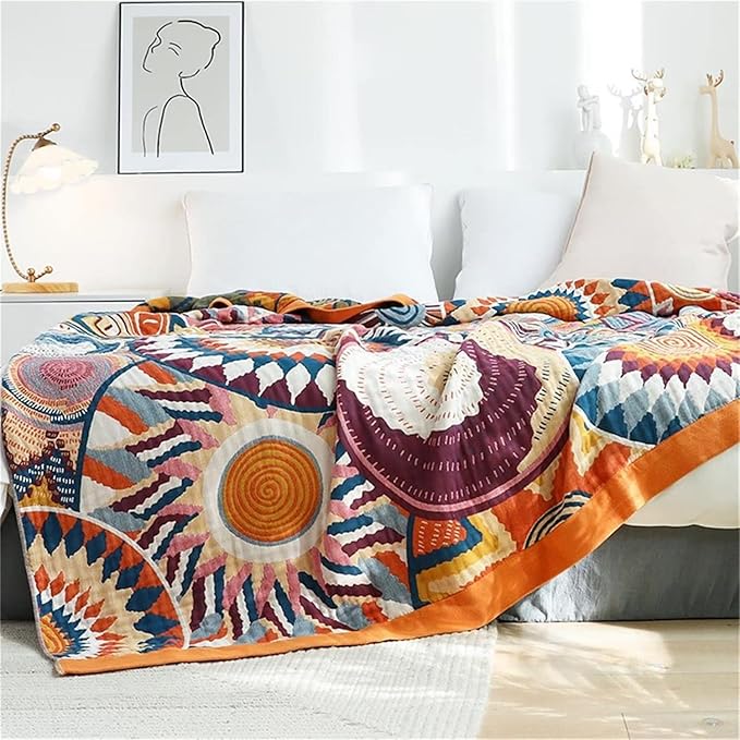 MSGKV Boho Throw Blanket for Bed 100% Cotton Blankets 90''x98'' Decorative Spring Couch Throws Breathable Blanket Gifts for Women