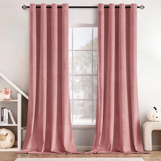 MIULEE Blush Pink Velvet Curtains Thermal Insulated Soundproof Room Darkening Long Blackout Curtains Grommet Window Black Out Drapes for Home Theatre/Girls Room/Wedding Decor 96 Inch Length Set of 2