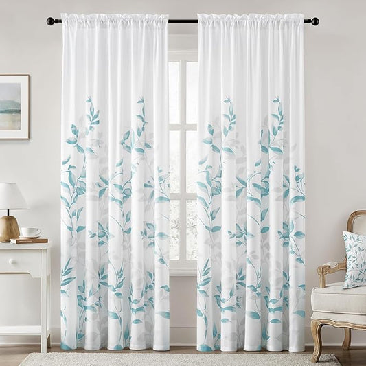 HOMEIDEAS Non-See-Through Teal and White Privacy Sheer Curtains 52 X 84 Inch Length 2 Panels, Leaf Floral Printed Light Filtering Semi Sheer Window Curtains Drapes for Bedroom Living Room