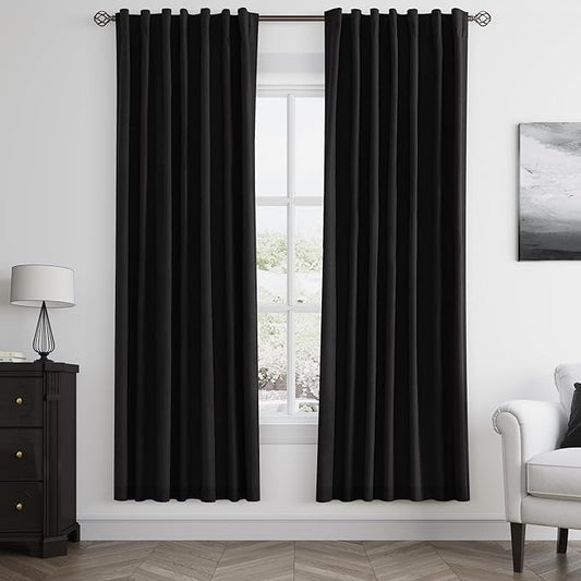 Guken Black 100% Blackout Linen Curtains 72 Inch Length 2 Panels Set for Living Room Bedroom Back Tab Thermal Insulated 100% Black Out Drapes Room Darkening Window Curtains 72 Inches Long