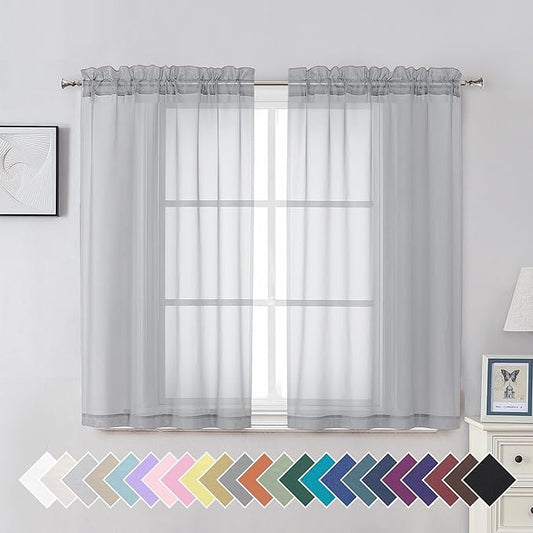 Aiyufeng Light Grey Sheer Curtains 45 Inch Length 2 Panels Set, Light Filtering Light Grey Window Curtain Drapes Treatment for Kitchen, Bedroom,Children Room, Dual Rod Pocket, 2 Pack of 42 x 45"